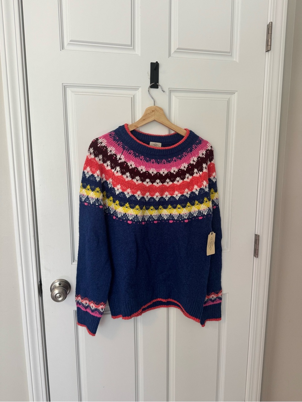 St. John's Bay Navy Fair Isle Crewneck Sweater with Pink, Red & Yellow Yoke